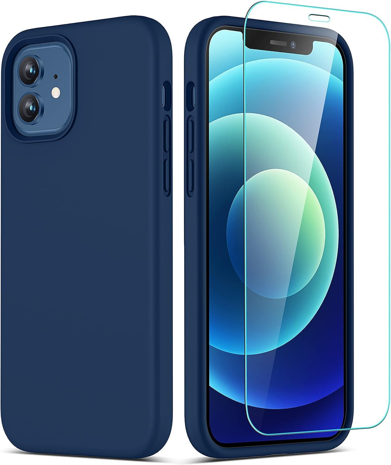 Heavy-Duty Silicone Case for Iphone 12/12 Pro - Two Shatterproof Glass Screen Protectors, Military Drop Protection, Scratch-Free Interior, Navy Blue