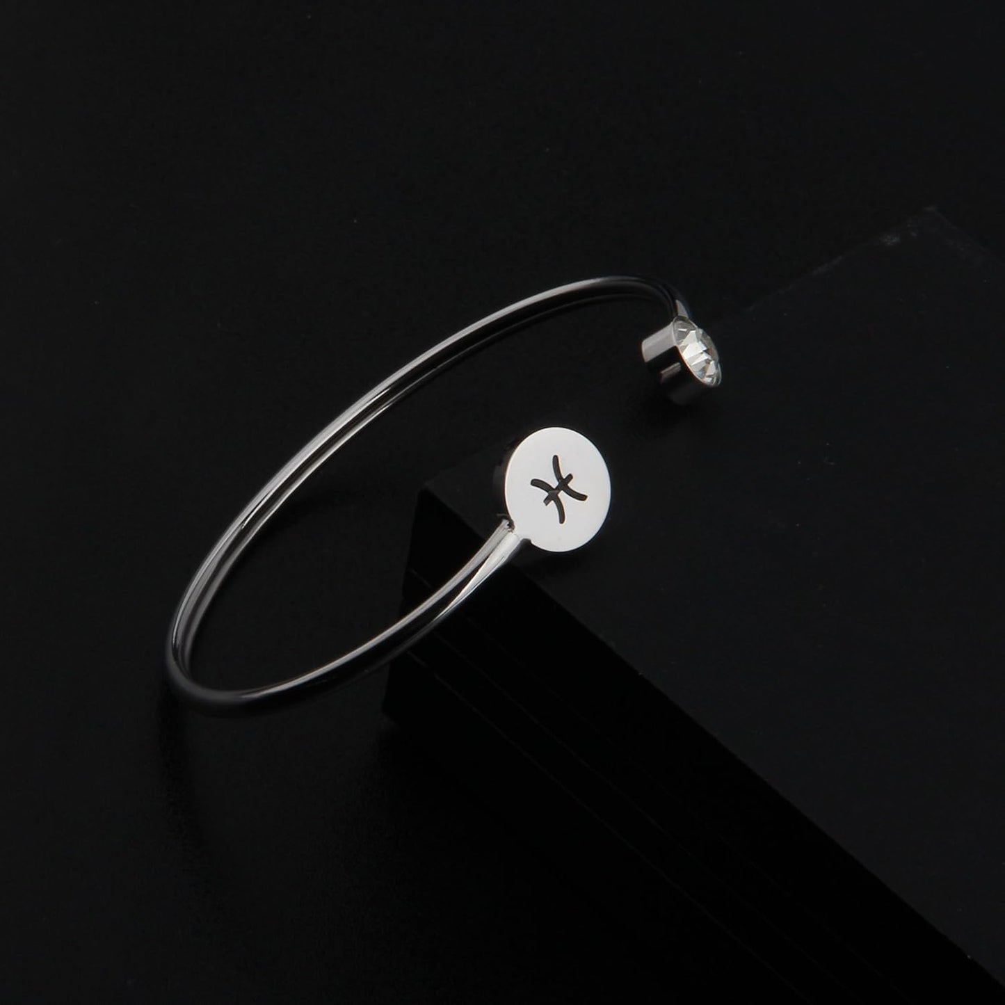 Simple Zodiac Sign Cuff Bracelet with Birthstone Birthday Gift for Women (Pisces)