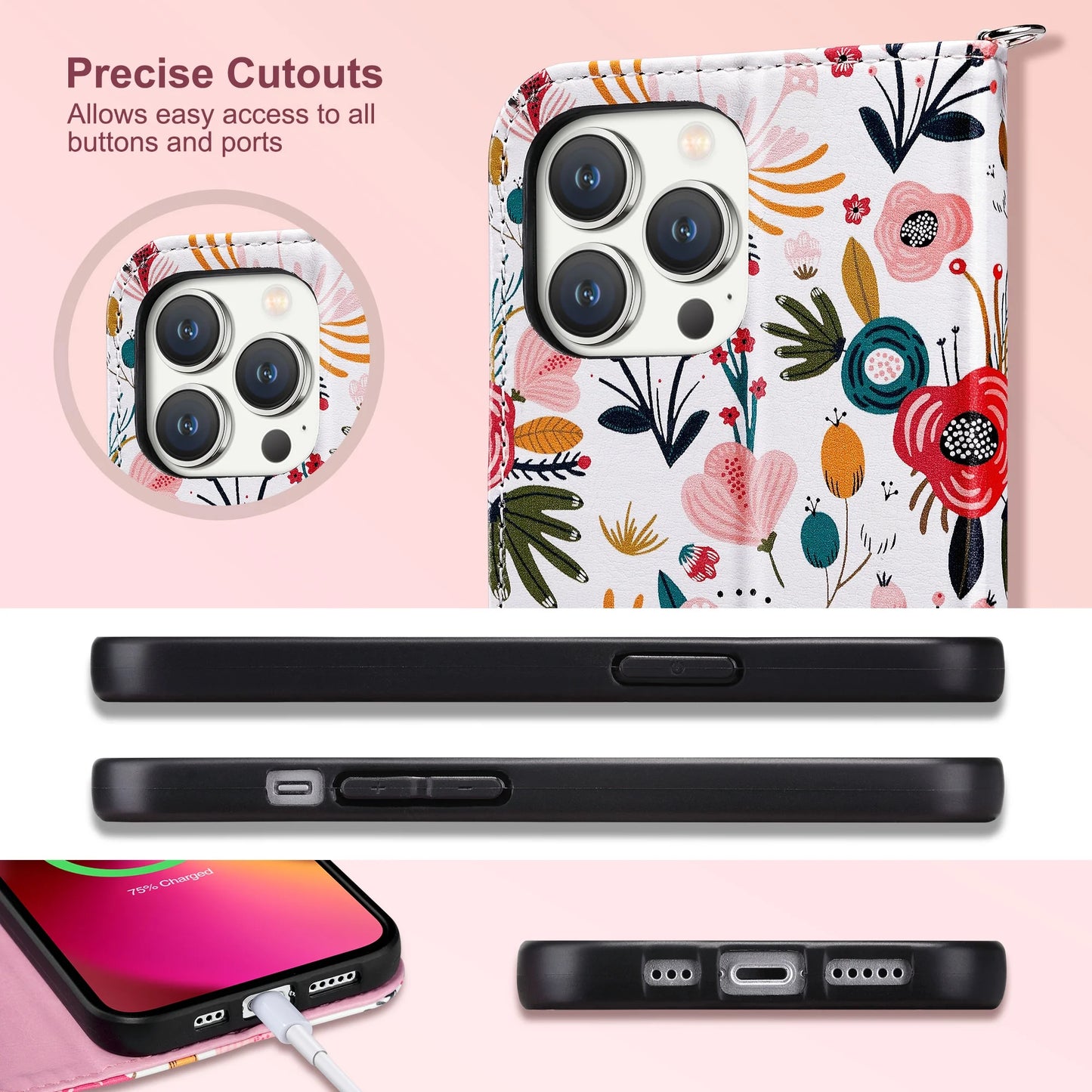 Iphone 13 Pro Wallet Case for Women Girls, Kickstand PU Leather Phone Case with Card Holder for Apple Iphone 13 Pro 6.1 Inch 2021, Wild Flora