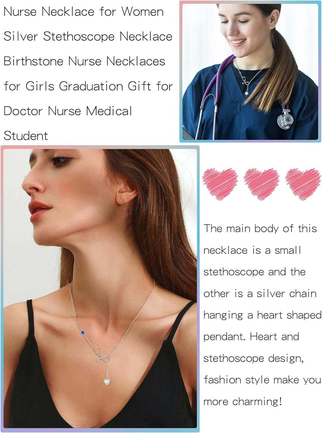 Nurse Necklace for Women Silver Stethoscope Necklace Birthstone Nurse Necklaces for Girls Graduation Gift for Doctor Nurse Medical Student