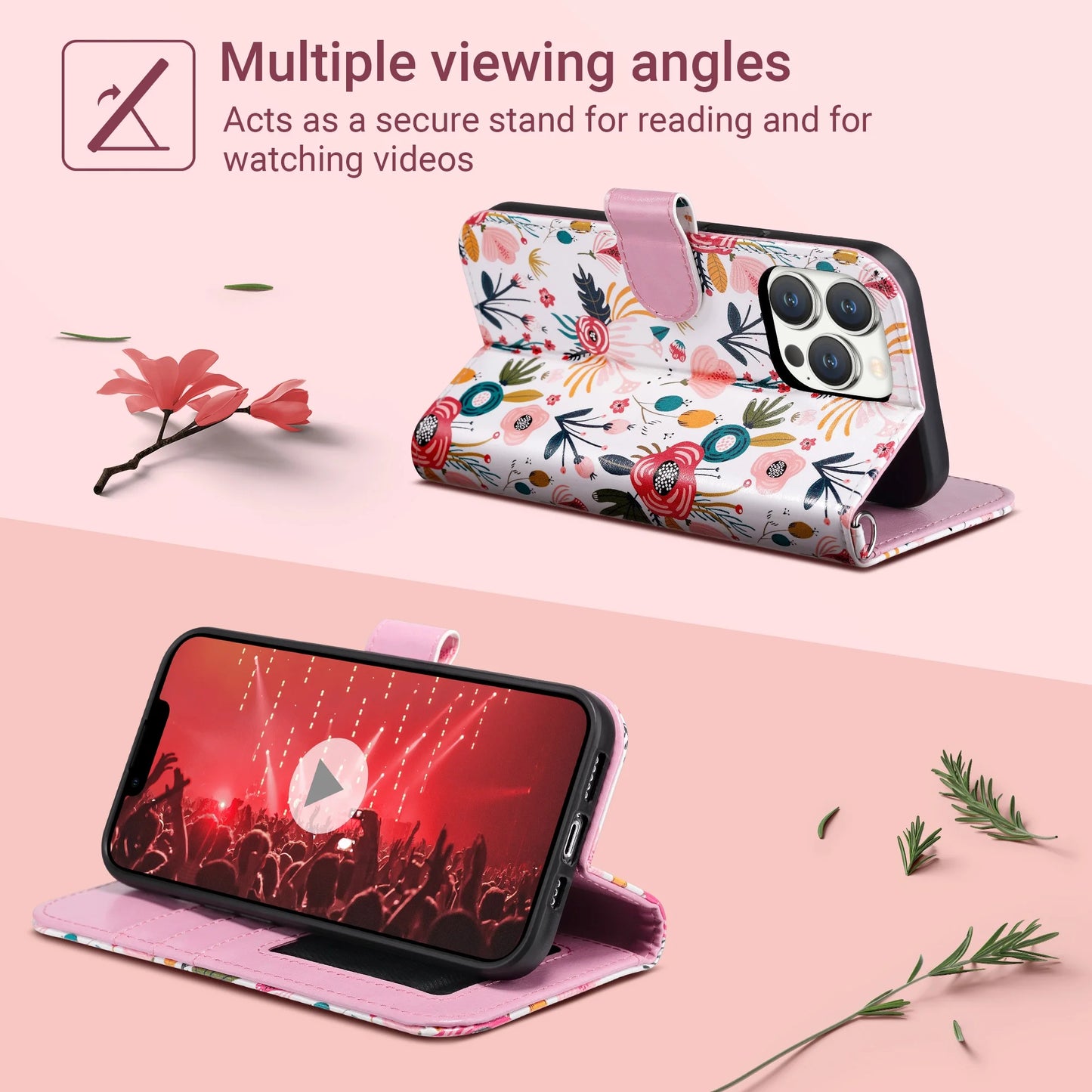 Iphone 13 Pro Wallet Case for Women Girls, Kickstand PU Leather Phone Case with Card Holder for Apple Iphone 13 Pro 6.1 Inch 2021, Wild Flora