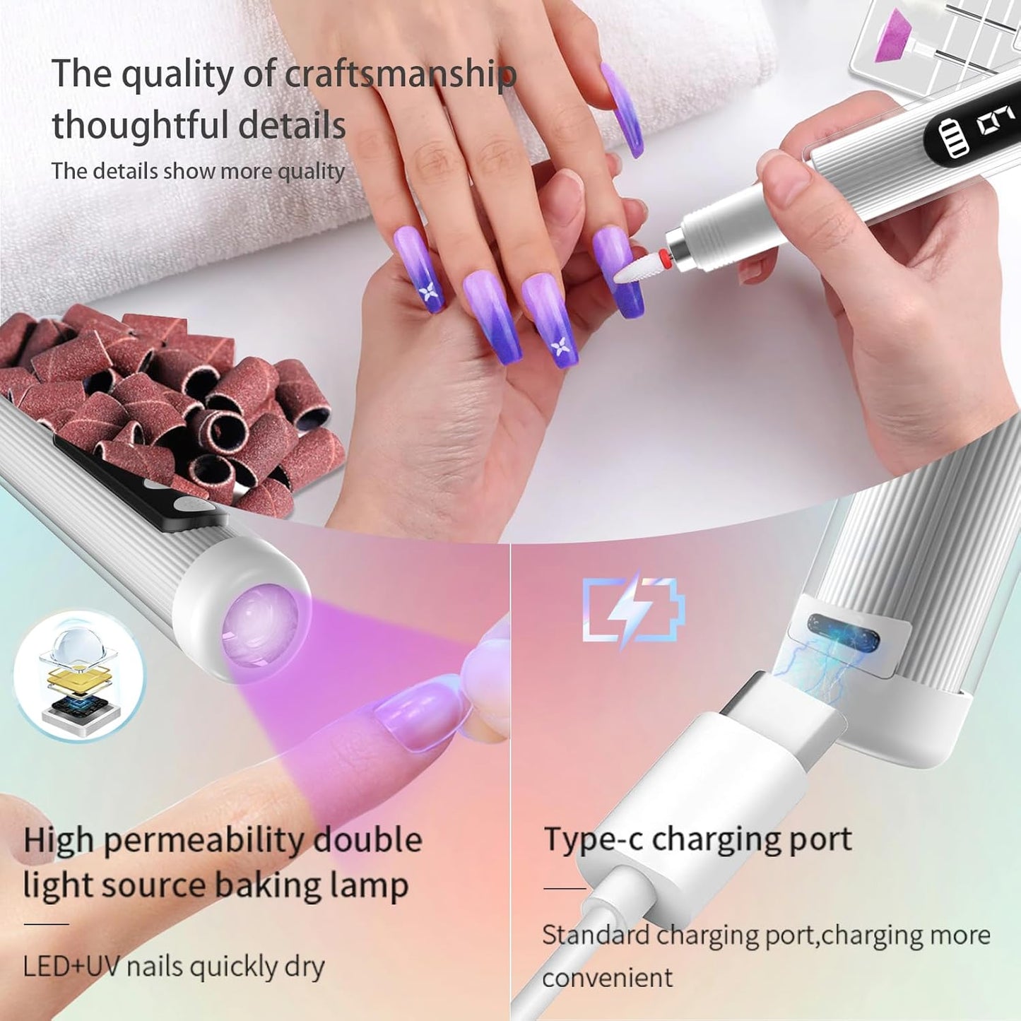 Electric Nail Drill Kit with U V Nail Lamp,Portable Cordless Electric Nail File with Display Screen,9 Speeds Professional Manicure Pedicure Polishing 12-In-1 Nail Drill Kit for Home and Salon Use