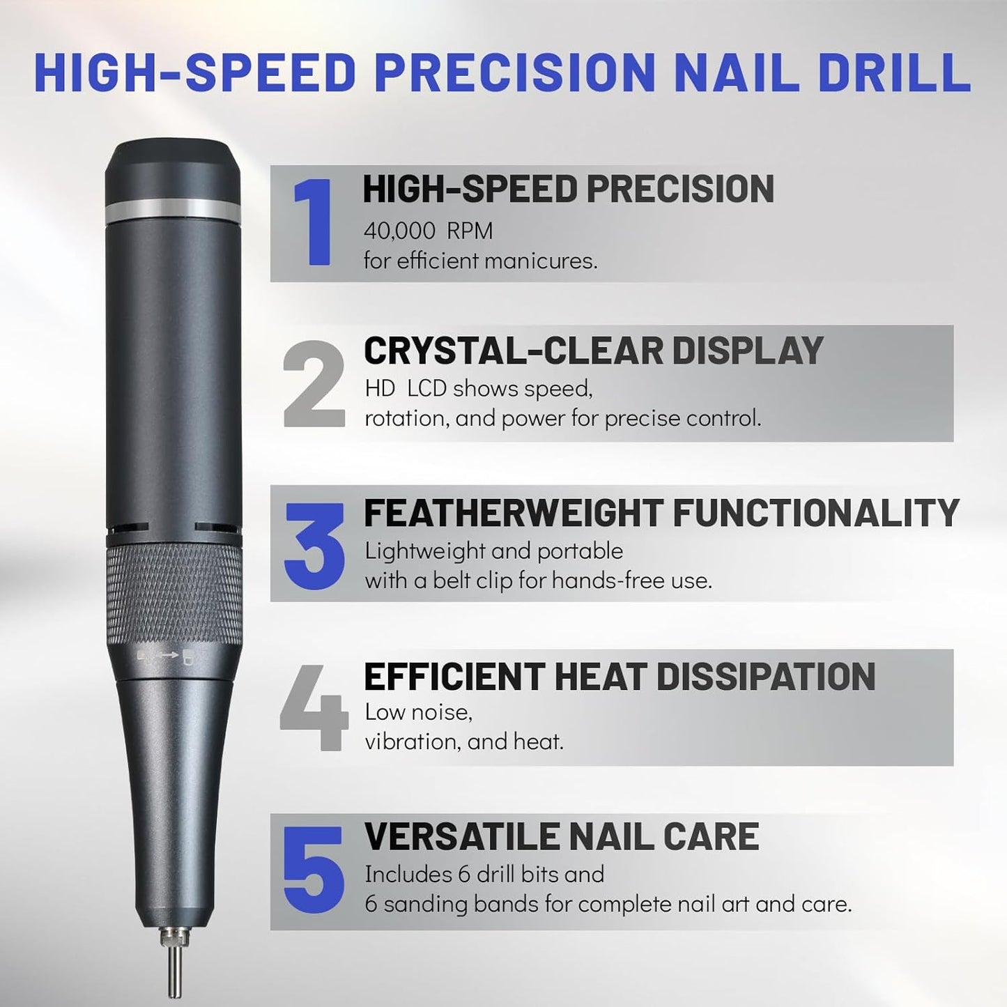 Nail Drill 400000 RPM - Rechargeable Electric Nail File with Nail Drill Bits for Dip Powder Acrylic Nails Gel Polish, Manicure Pedicure Nail Art Tool for Prep&Removal, Nail Tech Must Haves