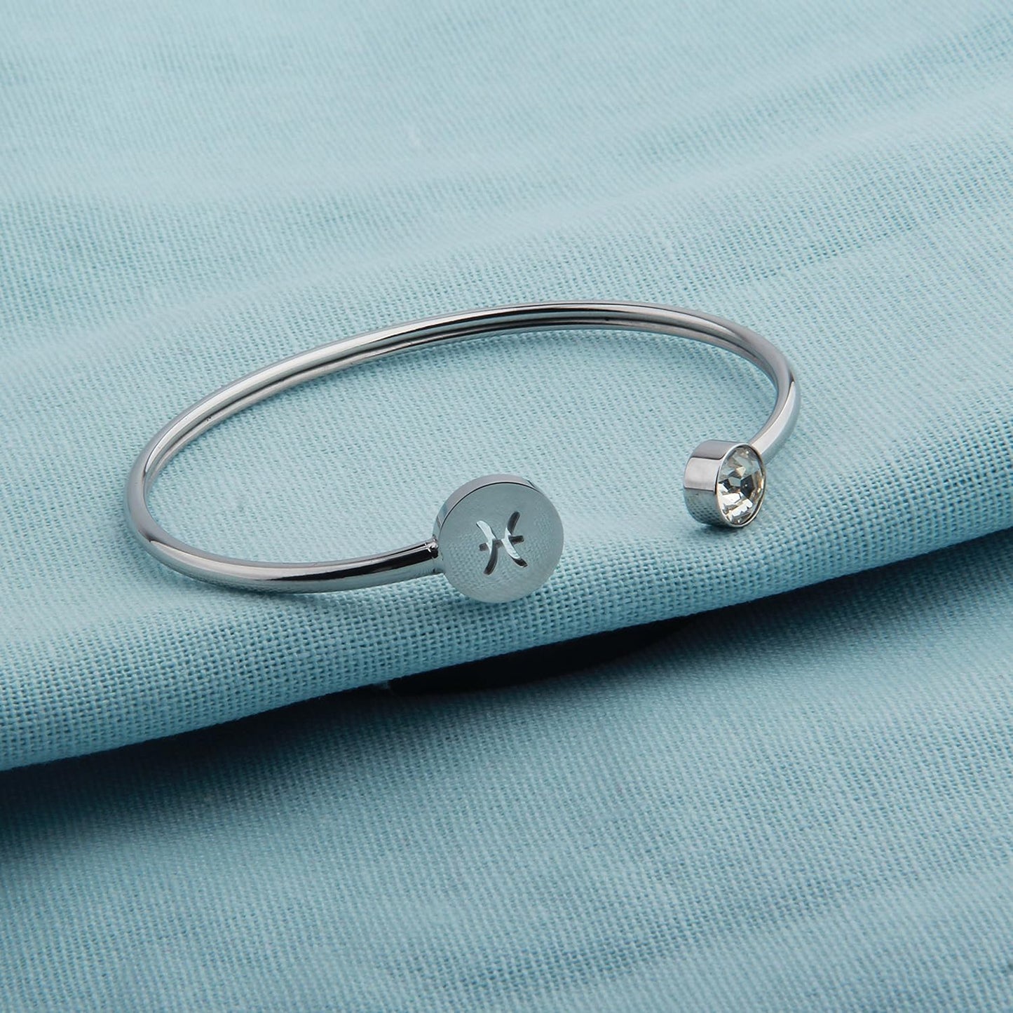 Simple Zodiac Sign Cuff Bracelet with Birthstone Birthday Gift for Women (Pisces)