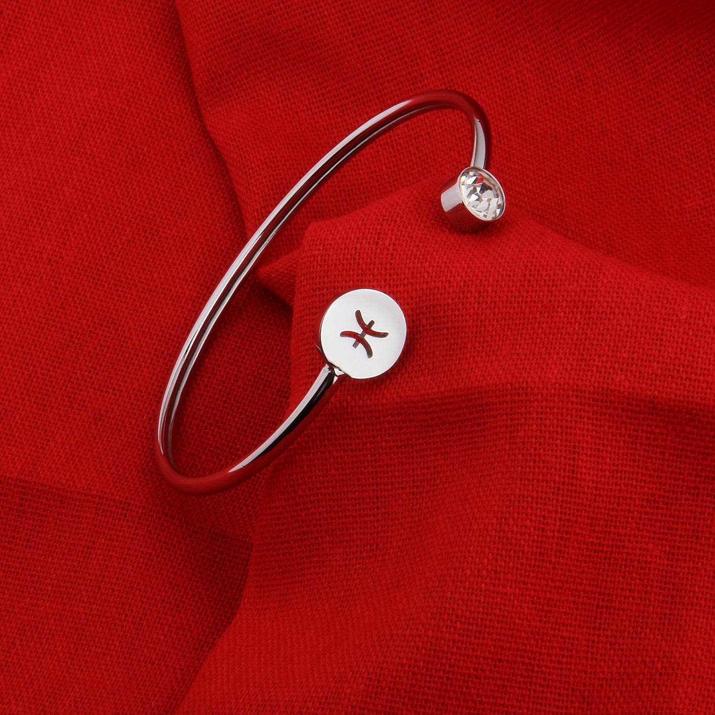 Simple Zodiac Sign Cuff Bracelet with Birthstone Birthday Gift for Women (Pisces)