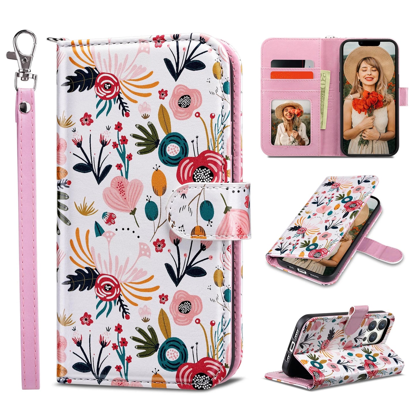 Iphone 13 Pro Wallet Case for Women Girls, Kickstand PU Leather Phone Case with Card Holder for Apple Iphone 13 Pro 6.1 Inch 2021, Wild Flora