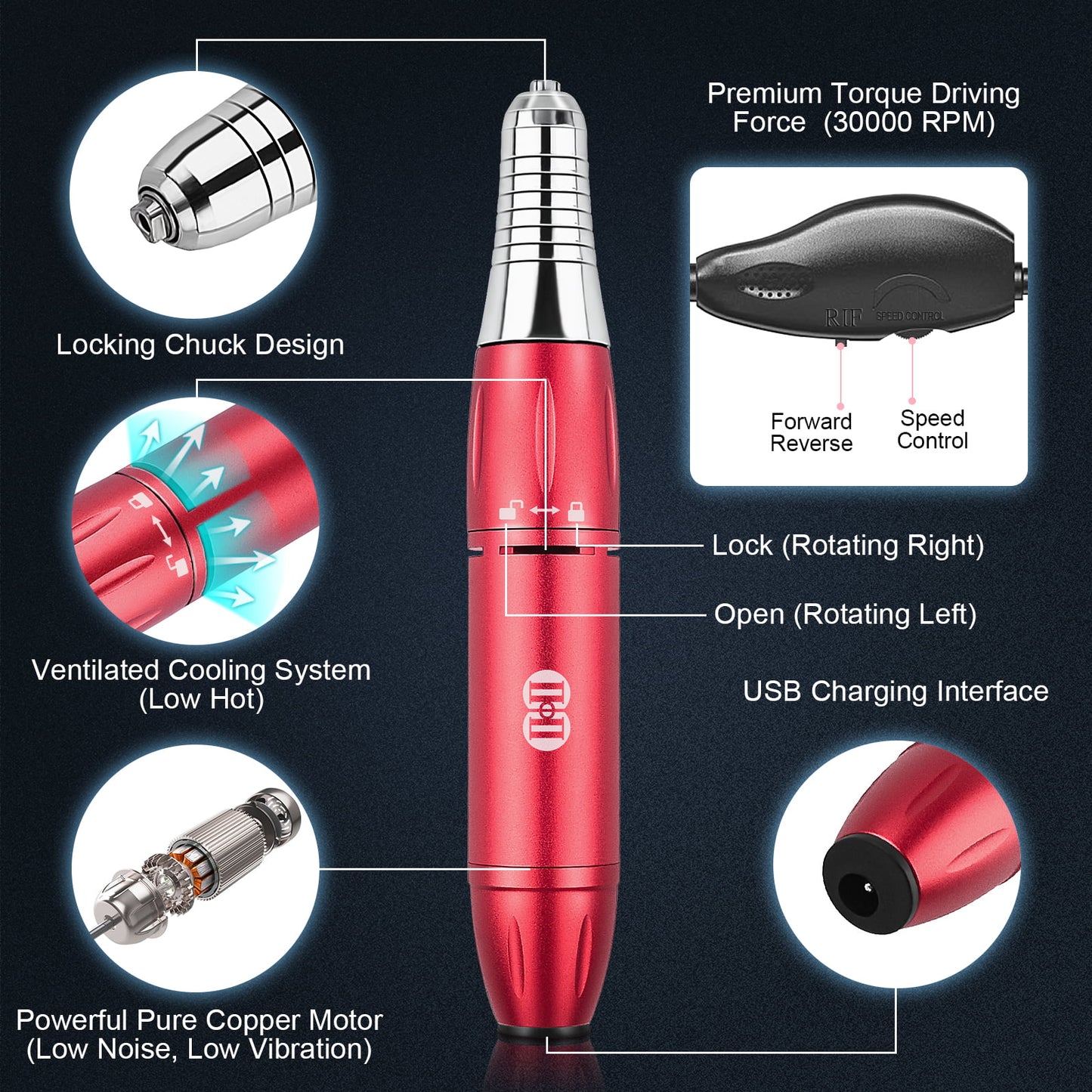 Electric Nail Drill Machine, 30000RPM Professional Nail Drill Kit Red