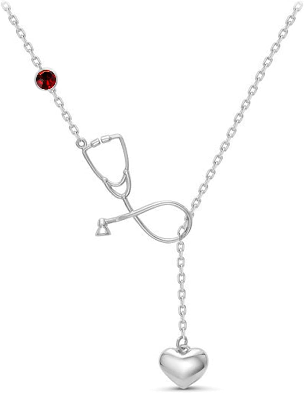 Nurse Necklace for Women Silver Stethoscope Necklace Birthstone Nurse Necklaces for Girls Graduation Gift for Doctor Nurse Medical Student