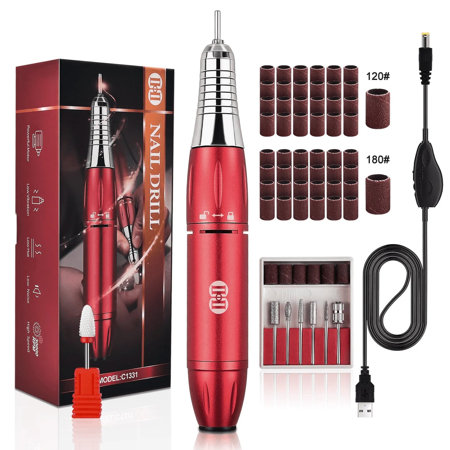 Electric Nail Drill Machine, 30000RPM Professional Nail Drill Kit Red