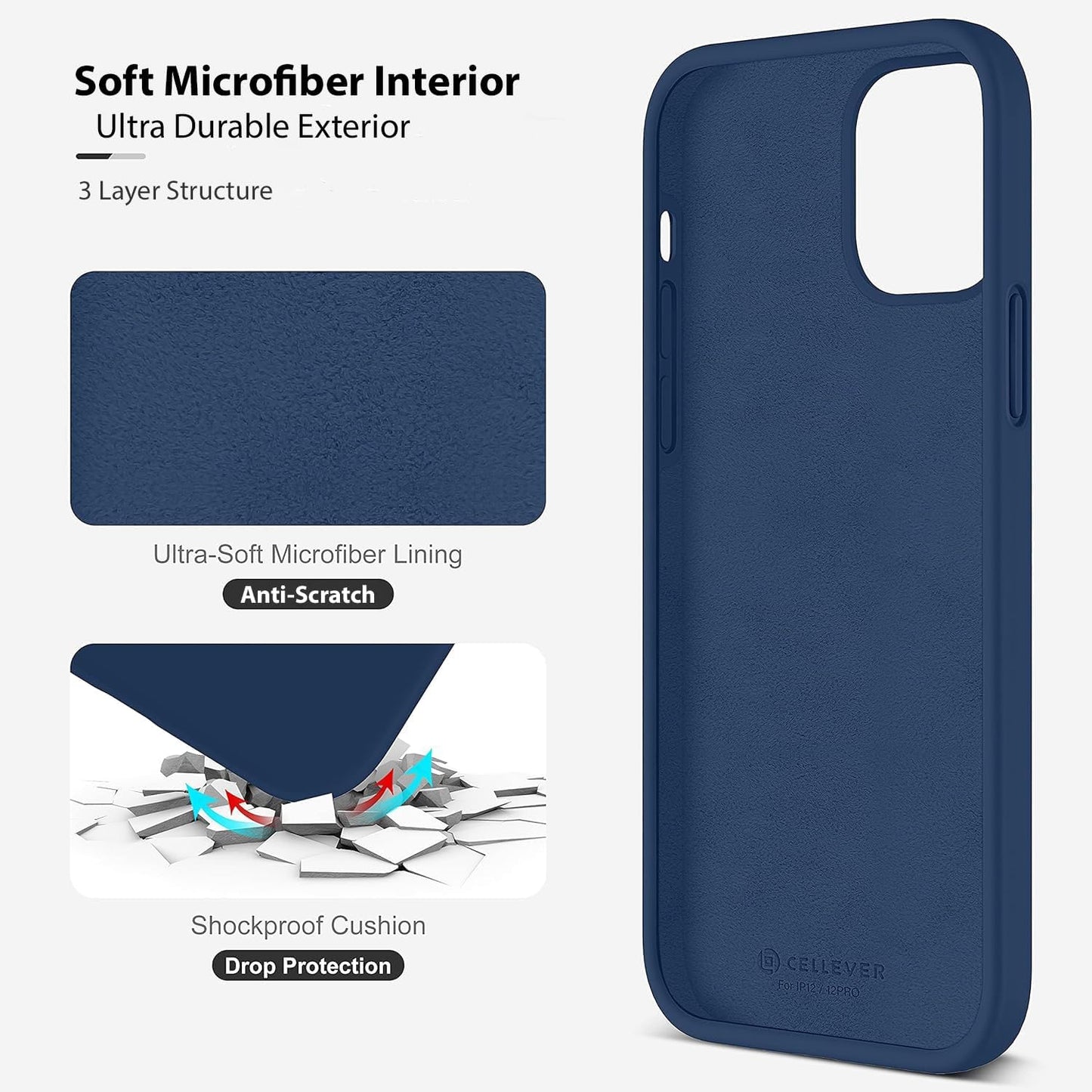 Heavy-Duty Silicone Case for Iphone 12/12 Pro - Two Shatterproof Glass Screen Protectors, Military Drop Protection, Scratch-Free Interior, Navy Blue