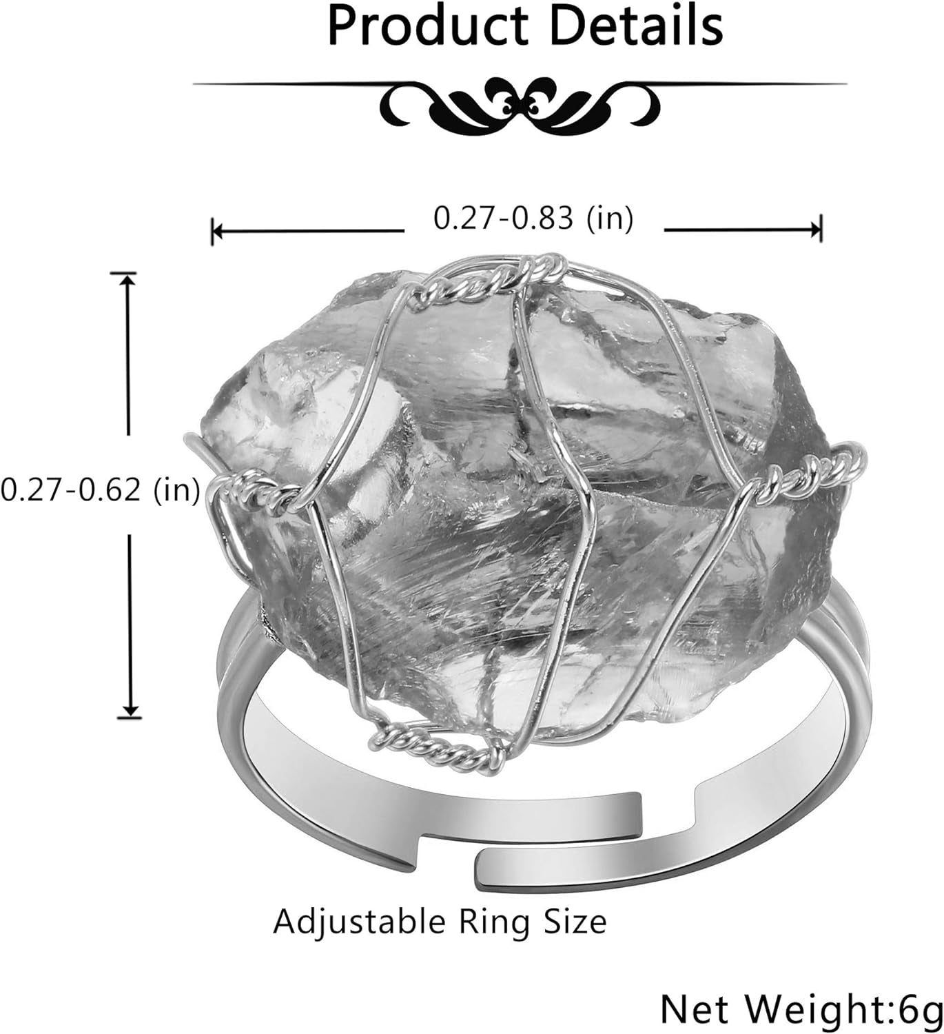 Raw Healing Crystal Ring Copper Wire Wrapped Irregular Crystal Gemstone Adjustalble Ring Jewelry for Women