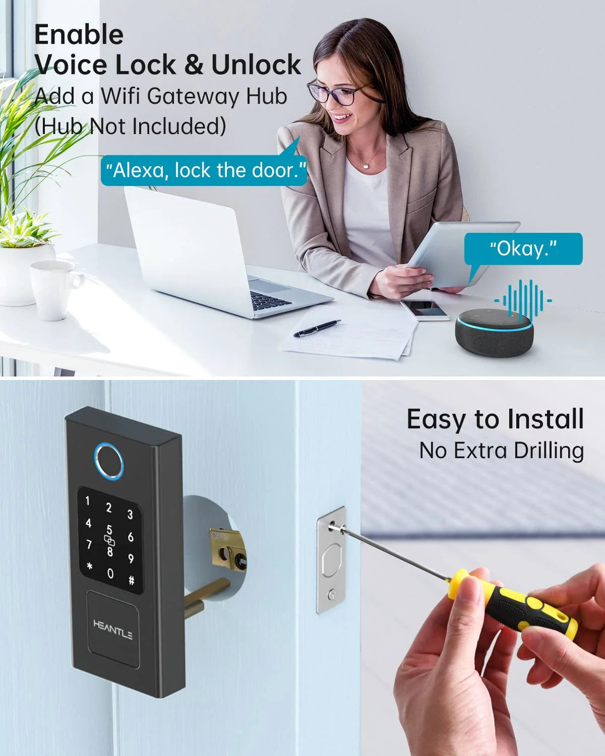 Smart Door Lock, Keyless Entry Door Lock Fingerprint Electronic Deadbolt Digital Bluetooth Biometric Door Locks with Keypads Smart Locks for Front Door, Auto Door Lock Work with App