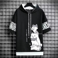 Japan Fashion Men'S Hoodies Summer Men Clothing Cartoon Casual Harajuku Streetwear Print Hooded Top Short Sleeve Sweatshirts Men