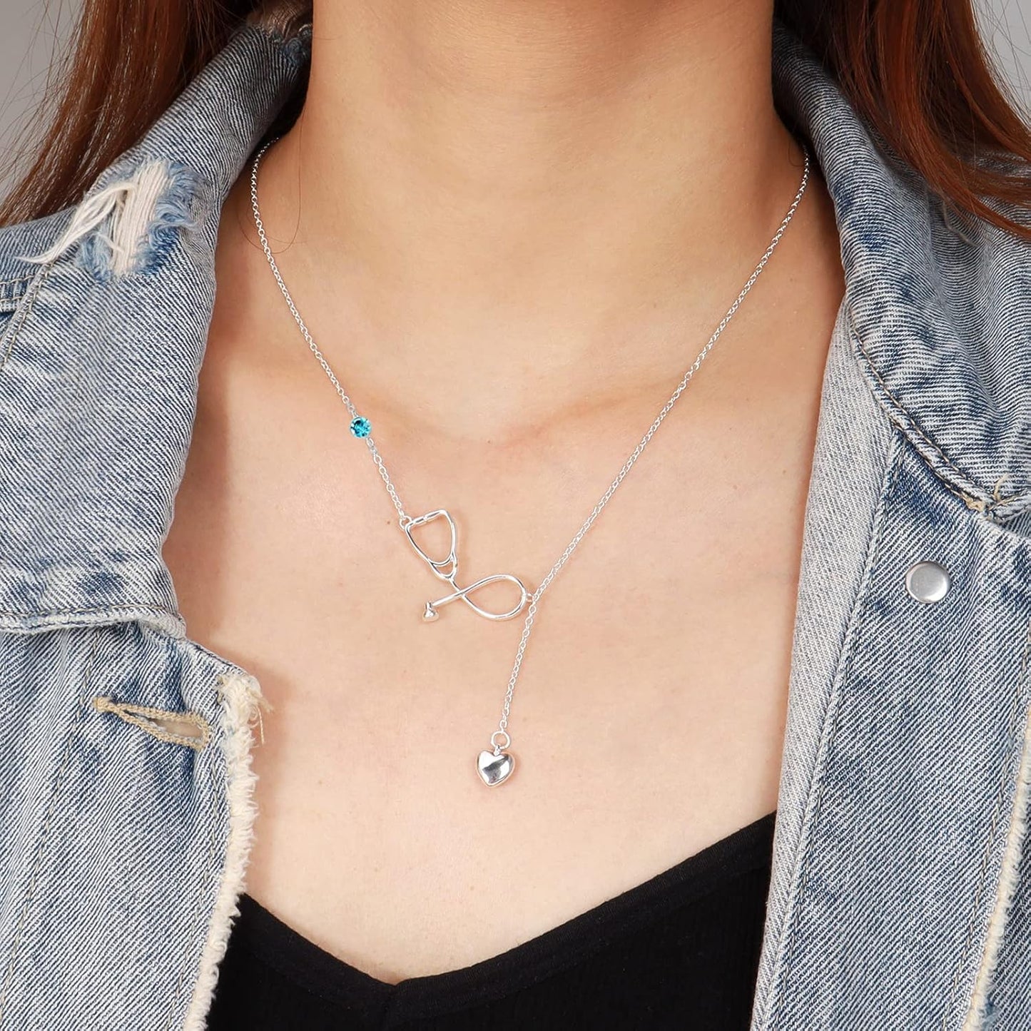Nurse Necklace for Women Silver Stethoscope Necklace Birthstone Nurse Necklaces for Girls Graduation Gift for Doctor Nurse Medical Student