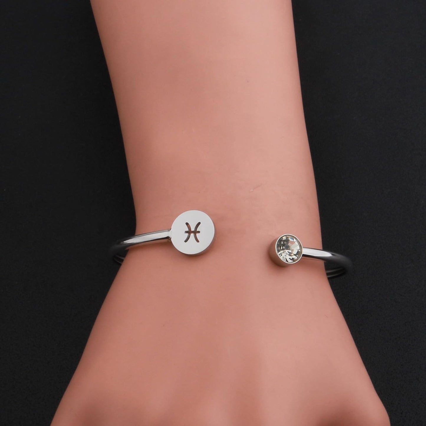 Simple Zodiac Sign Cuff Bracelet with Birthstone Birthday Gift for Women (Pisces)