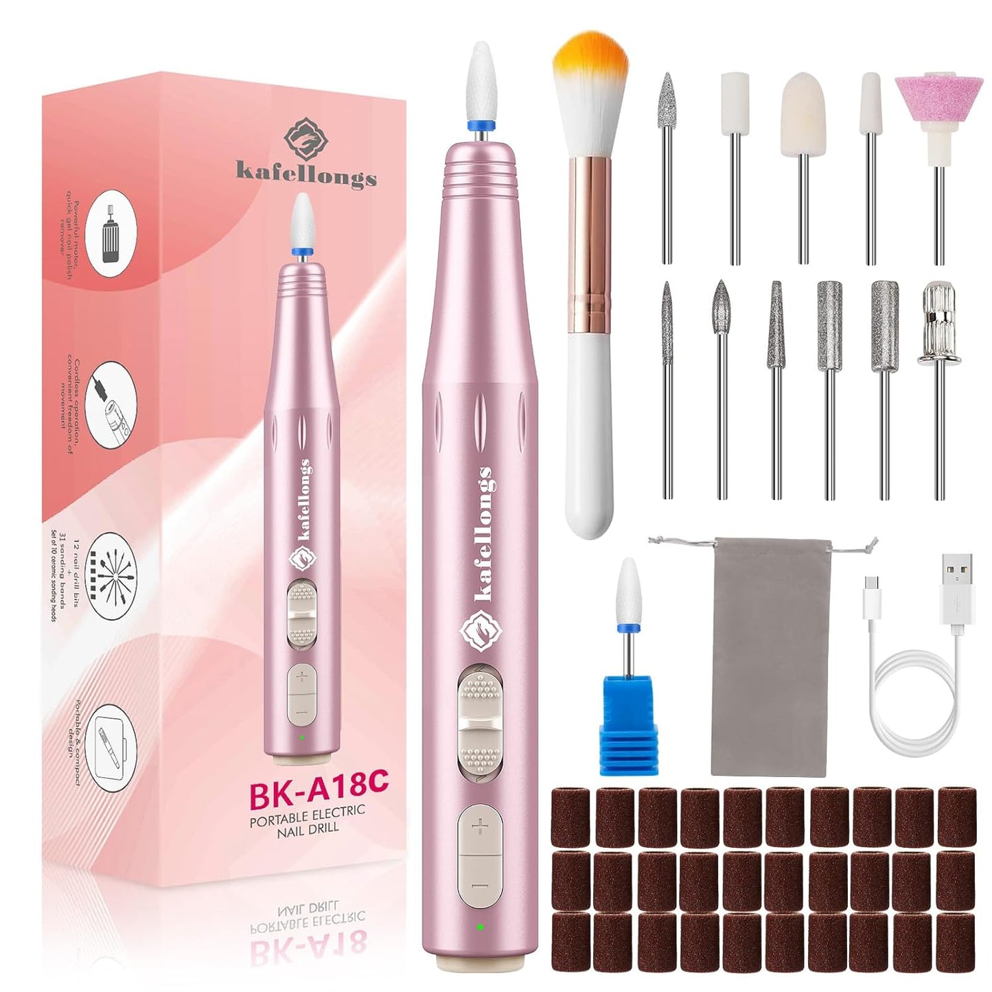 Kafellongs Cordless Electric Nail Drill Drill & File Manicure Machine, Acrylic & Gel Nail Kit