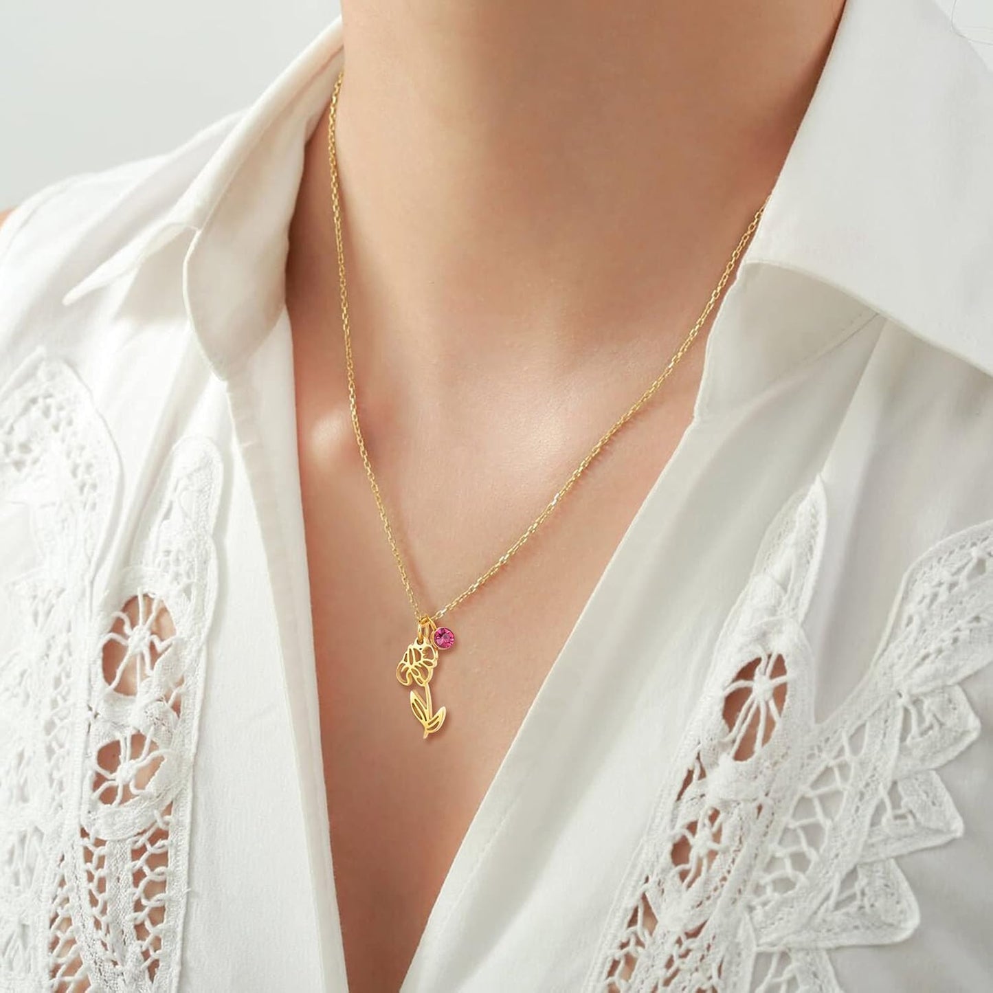 Birth Flower Necklaces Birthday Gifts for Women | 14K Gold Plated Birth Month Floral Birthstone Pendant Necklaces Wildflower Flowered Jewelry Gifts for Mom Friends