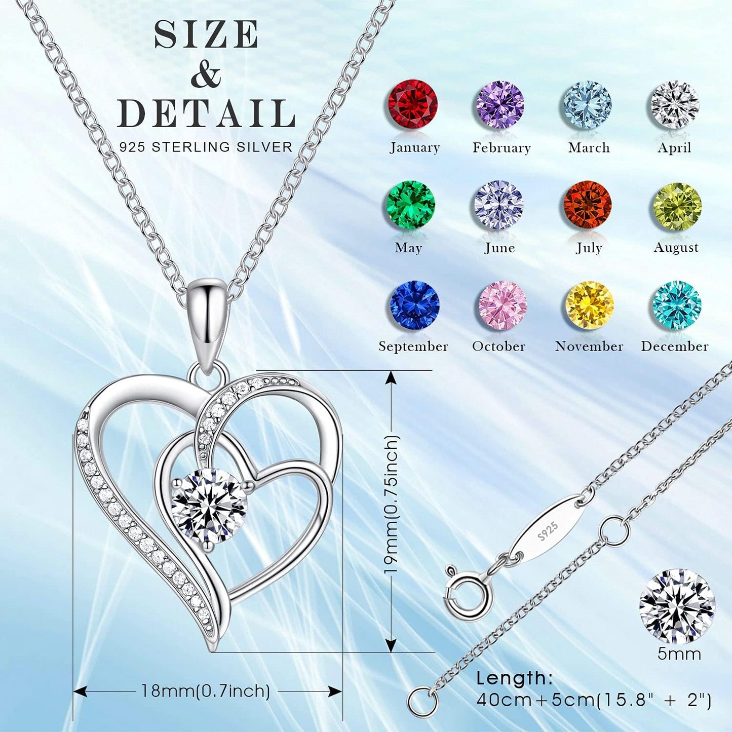 Birthstone Necklace for Women Mom 925 Sterling Silver Heart Necklace Mother Daughter Necklace for Women Mom Birthday Gifts Jewelry for Grandma Women with 5A Cubic Zirconia