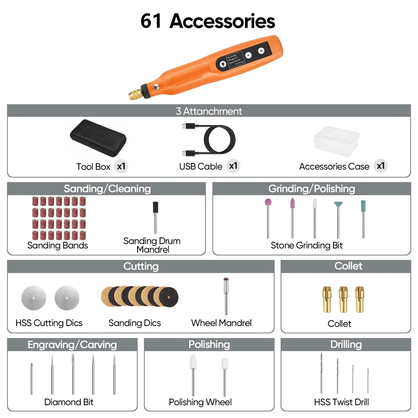 Cordless Rotary Tool Kit 5-Speed Variable and USB Charging Cable Mini Power Rotary Tools, 4.2V with 61 Pcs Accessories for DIY Crafts (Orange)