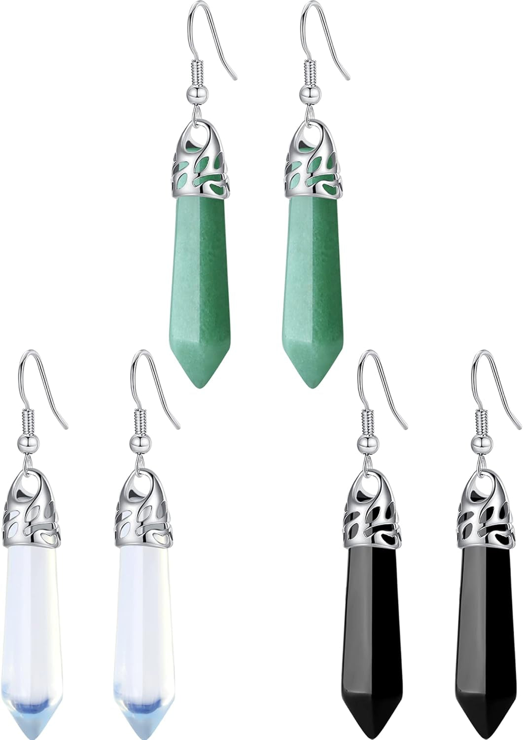 Healing Crystals Earrings Sets for Women Hexagonal Points Real Natural Green Aventurine Obsidian Opal Quartz Dangling Drop Dangle Earrings Spiritual Energy Gemstones Reiki Balancing Crystal