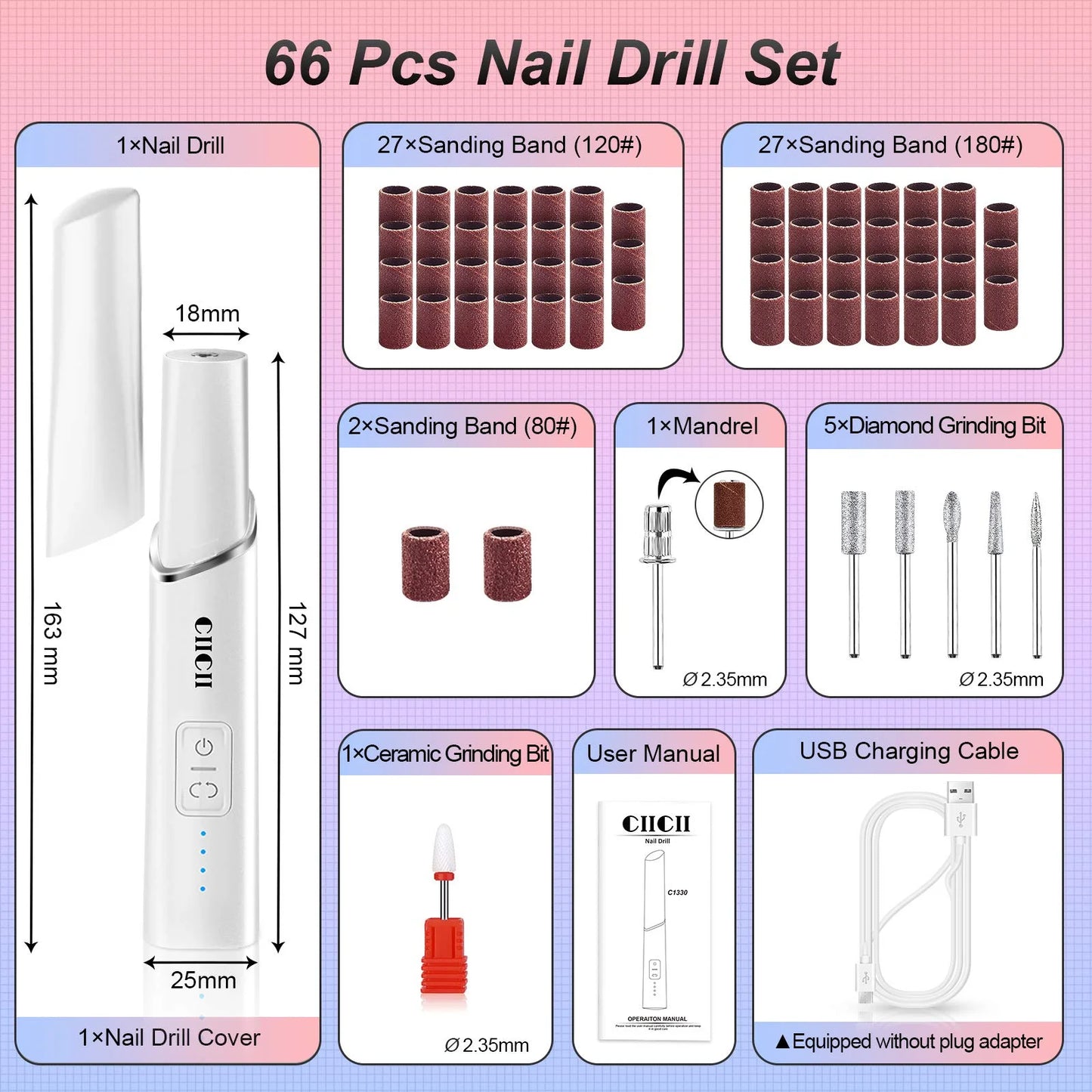 Electric Nail Drill Machine, Professional Nail Drill Kit (66Pcs Cordless Portable 4-Speed Rechargeable Forward & Reverse Design Nail File Set) for Acrylic Nails/Diy Manicure & Pedicure