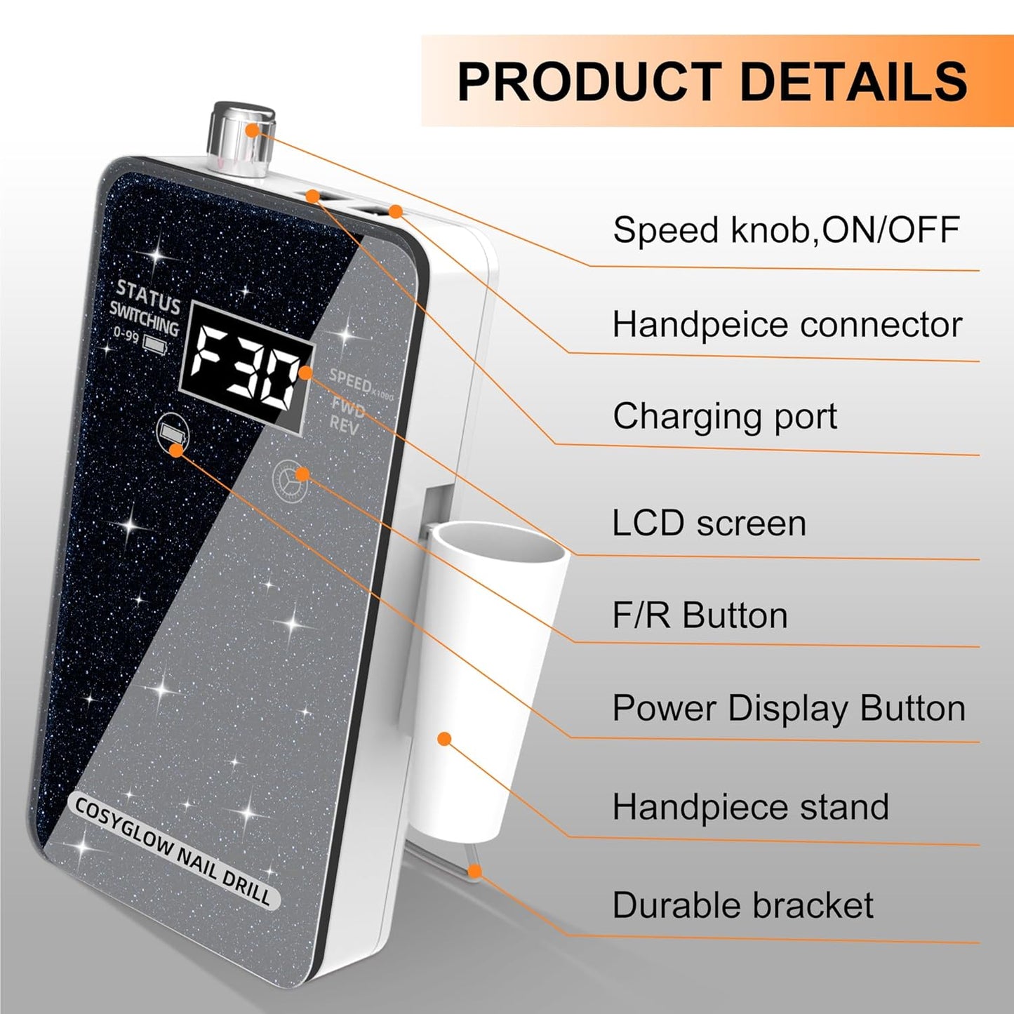 Professional Electric Nail Drill File: Glitter Portable Cordless E-File Nail Drill Kit with 11 Drill Bits,30000 RPM Rechargeable Nail Drills Machine for Acrylic Nails Gel Polishing(Black)