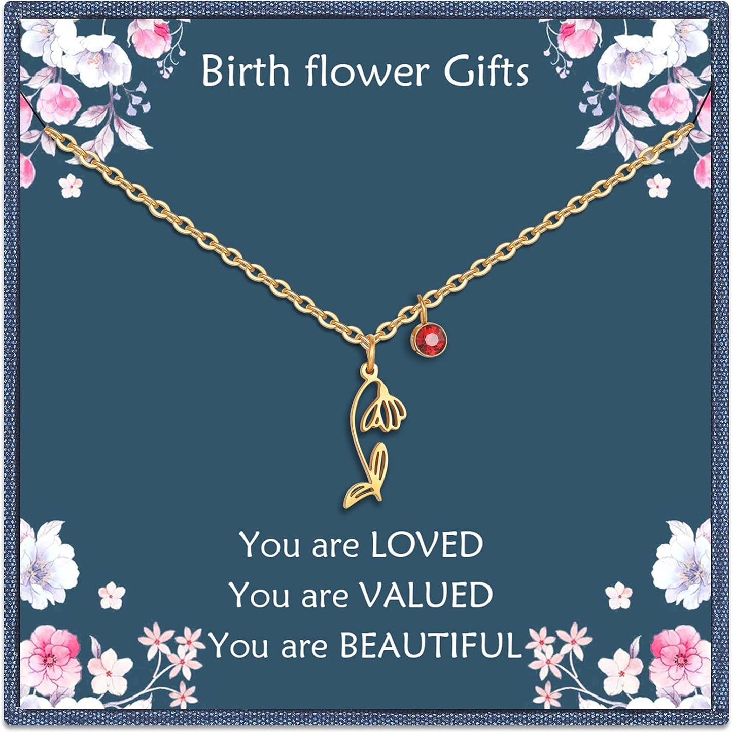 Birth Flower Necklaces Birthday Gifts for Women | 14K Gold Plated Birth Month Floral Birthstone Pendant Necklaces Wildflower Flowered Jewelry Gifts for Mom Friends