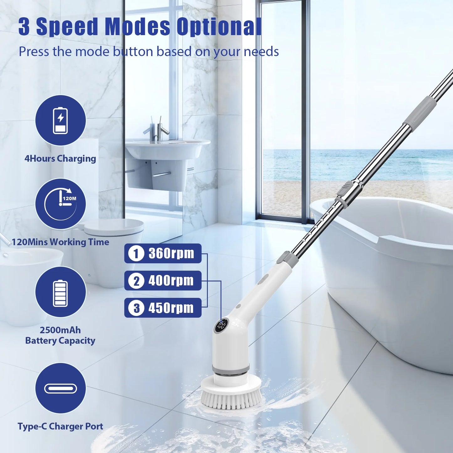 Electric Spin Scrubber, Cordless Shower Scrubber with 8 Scrub Brush, Adjustable Extension Handle, 450RPM Powerful Cleaning Brush for Bathtub Bathroom Kitchen Tub Tile Floor