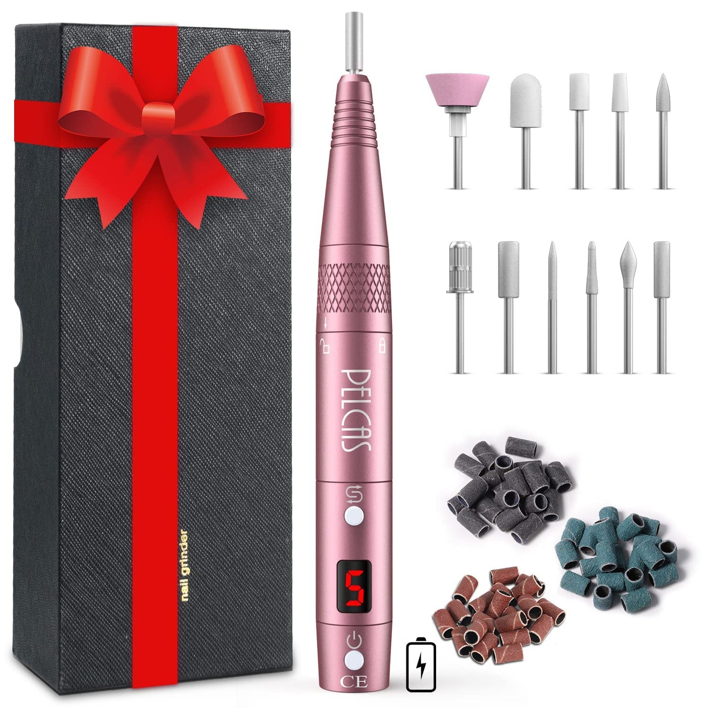 Cordless Electric Nail Drill, Professional Portable Manicure Nail Drill Kit 20000RPM Rechargeable 5 Adjustable Speeds LCD Display 11 Attachments for Acrylic Nails, Polishing, Nail Art