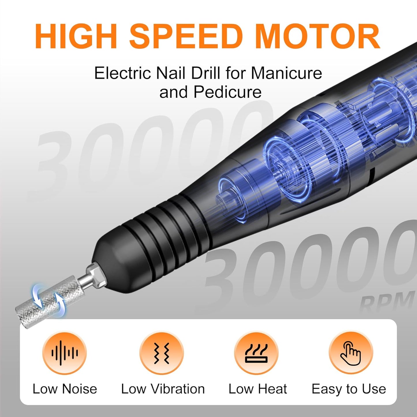 Professional Electric Nail Drill File: Glitter Portable Cordless E-File Nail Drill Kit with 11 Drill Bits,30000 RPM Rechargeable Nail Drills Machine for Acrylic Nails Gel Polishing(Black)