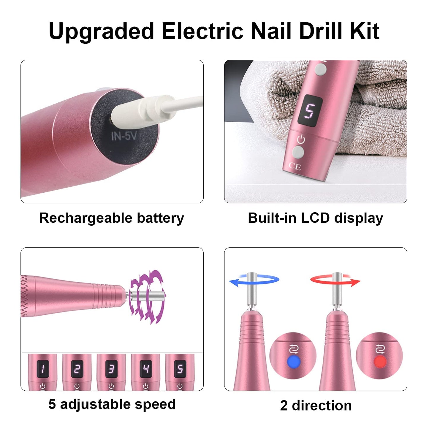 Cordless Electric Nail Drill, Professional Portable Manicure Nail Drill Kit 20000RPM Rechargeable 5 Adjustable Speeds LCD Display 11 Attachments for Acrylic Nails, Polishing, Nail Art