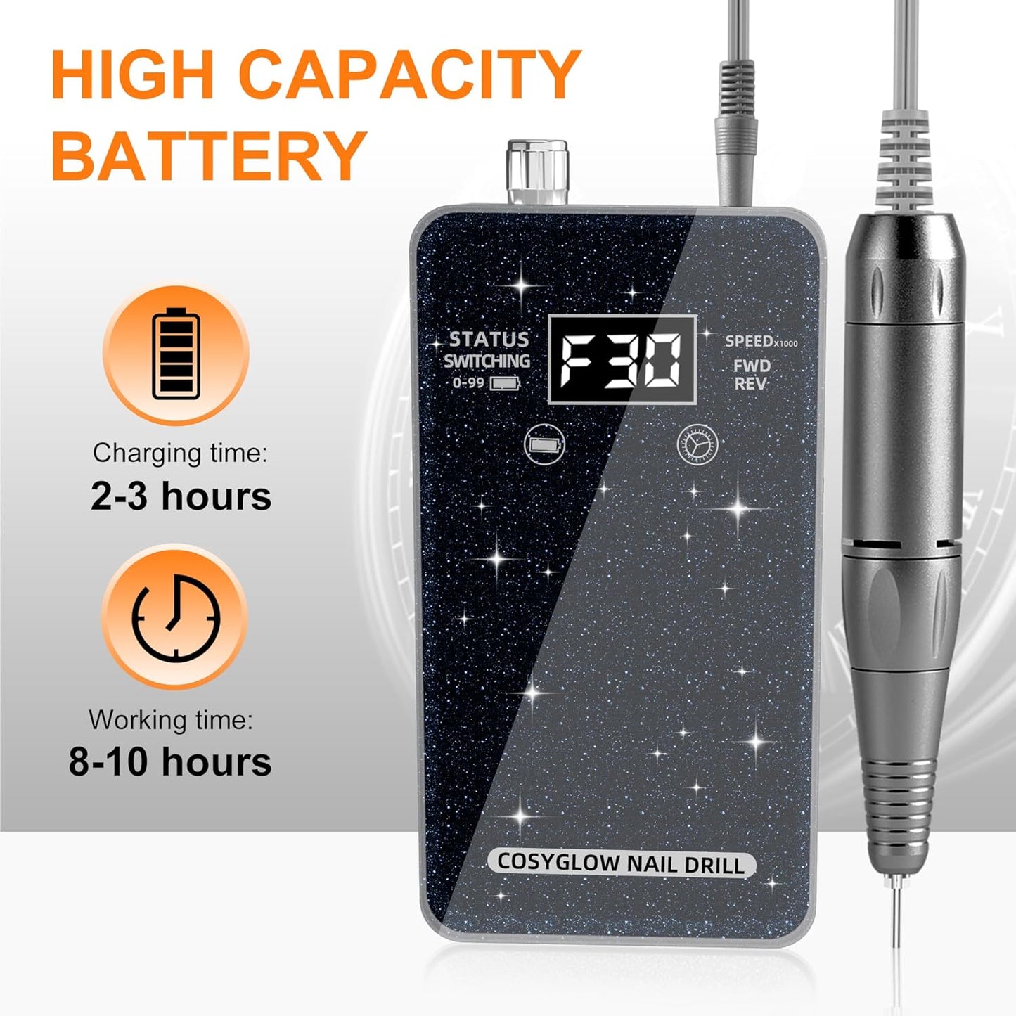 Professional Electric Nail Drill File: Glitter Portable Cordless E-File Nail Drill Kit with 11 Drill Bits,30000 RPM Rechargeable Nail Drills Machine for Acrylic Nails Gel Polishing(Black)