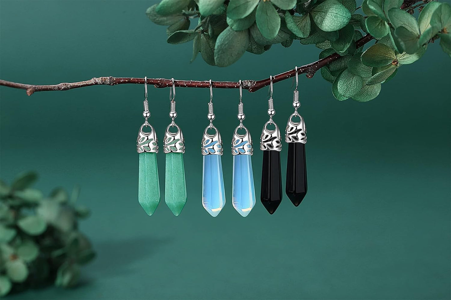 Healing Crystals Earrings Sets for Women Hexagonal Points Real Natural Green Aventurine Obsidian Opal Quartz Dangling Drop Dangle Earrings Spiritual Energy Gemstones Reiki Balancing Crystal