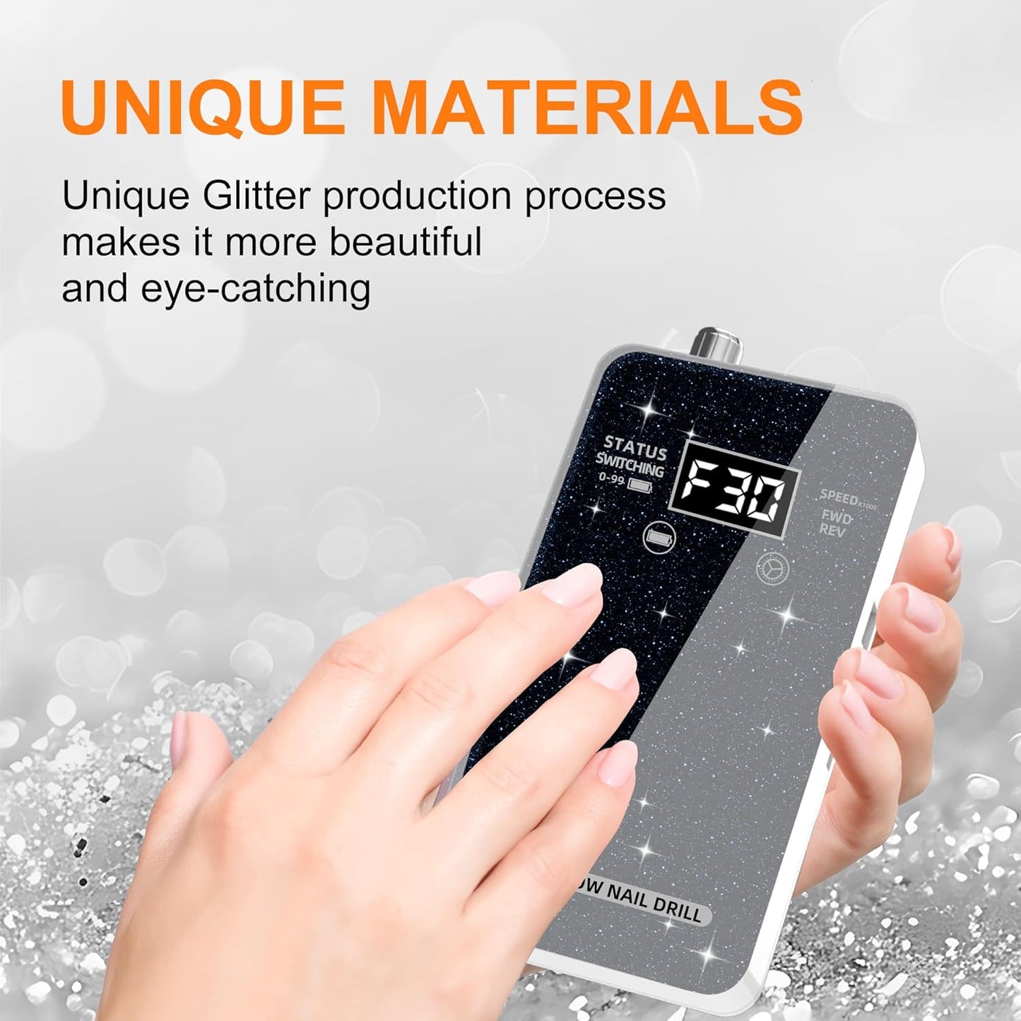Professional Electric Nail Drill File: Glitter Portable Cordless E-File Nail Drill Kit with 11 Drill Bits,30000 RPM Rechargeable Nail Drills Machine for Acrylic Nails Gel Polishing(Black)