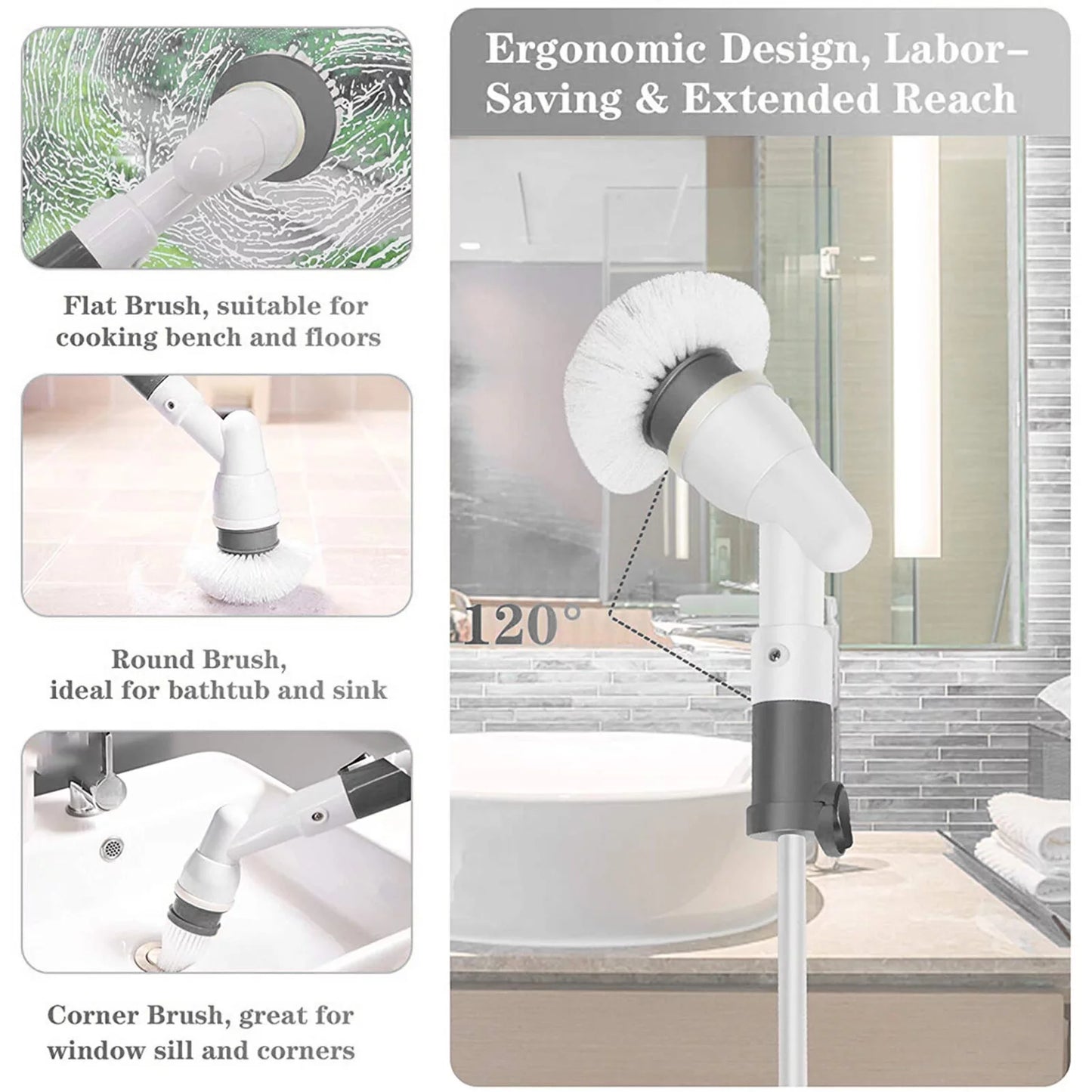 Electric Spin Scrubber, Rechargeable Power Scrubber, Shower Scrubber for Cleaning Electric Spin Shower Brush Cleaner with Long Handle, Electric Scrub Brush for Cleaning Bathroom & Bath Tub