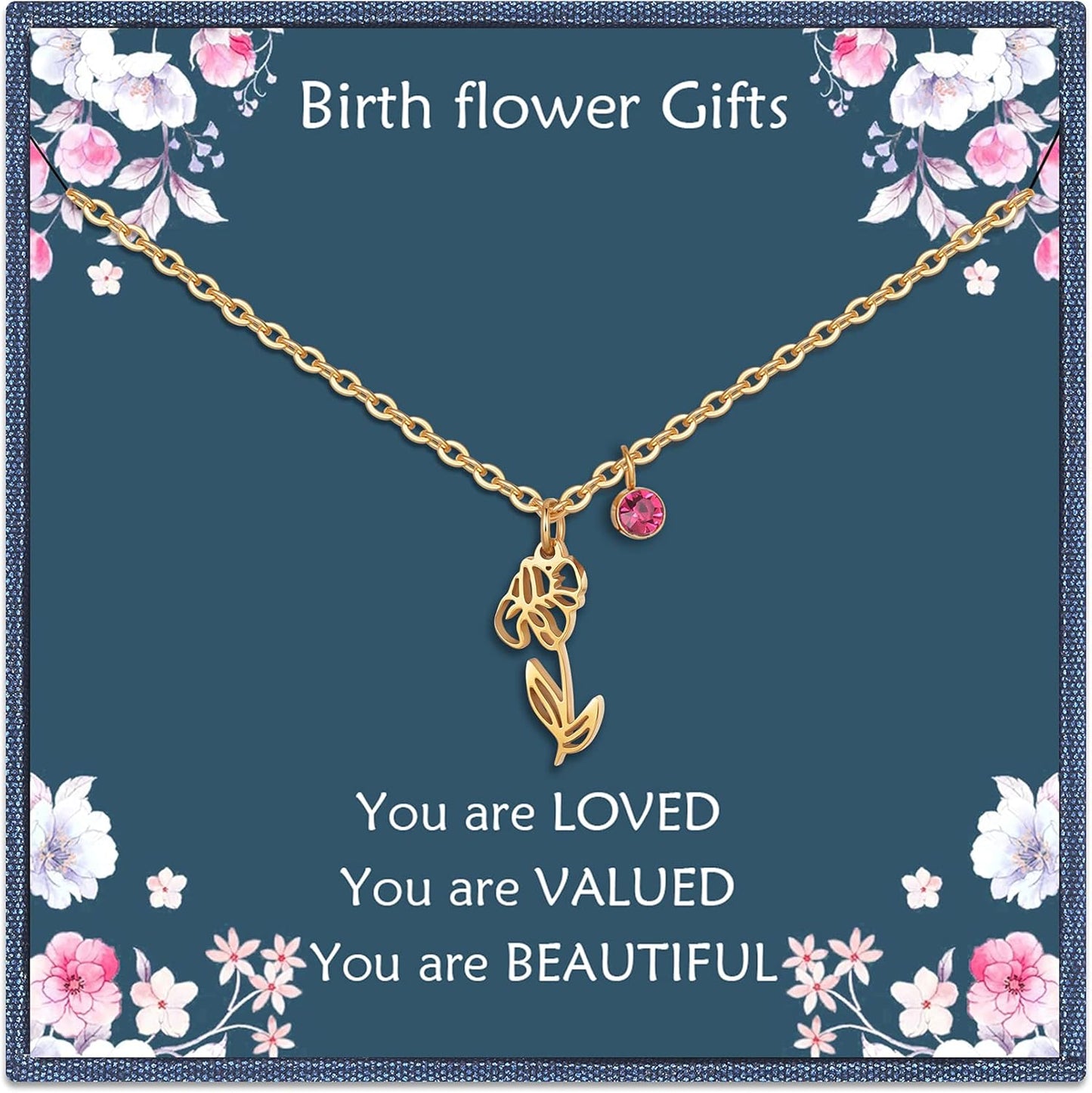 Birth Flower Necklaces Birthday Gifts for Women | 14K Gold Plated Birth Month Floral Birthstone Pendant Necklaces Wildflower Flowered Jewelry Gifts for Mom Friends