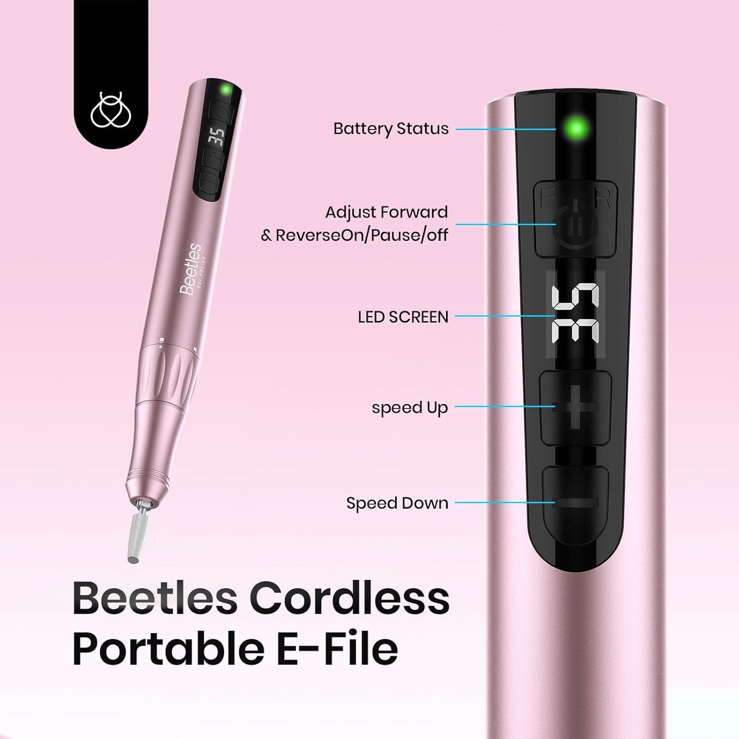 Beetles Electric Nail Drill Cordless, 35 Adjustable Speeds Portable Nail Drill Rose Gold Long Battery Life Polishing Set Professional Nails Machine Kit Manicure Pedicure Tools for Home Salon Use