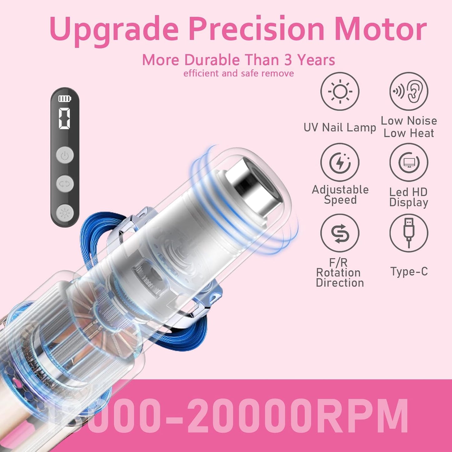 Electric Nail Drill Kit with U V Nail Lamp,Portable Cordless Electric Nail File with Display Screen,9 Speeds Professional Manicure Pedicure Polishing 12-In-1 Nail Drill Kit for Home and Salon Use