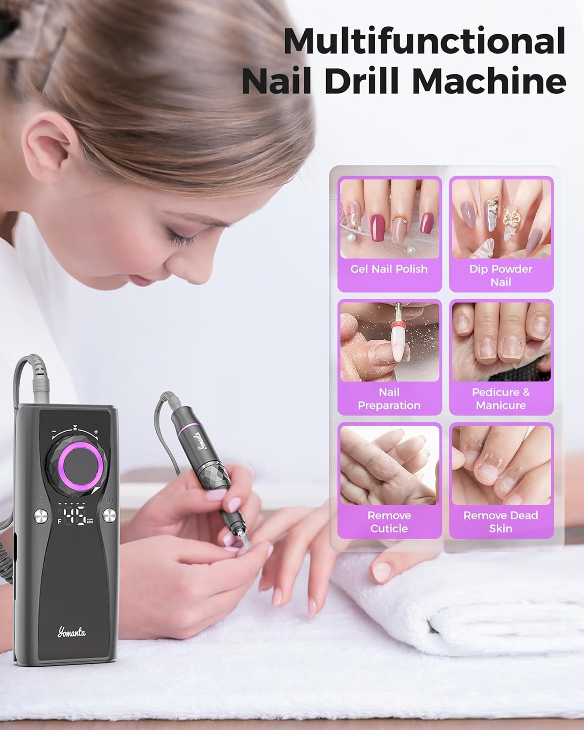 Electric Nail Drill Professional Kit: 45,000 RPM USB Rechargeable Efile Nail Drill Nail File with 12 Bits for Polishing Gel/Acrylic Nails- Portable Manicure Tool Set for Salon/Home-Black