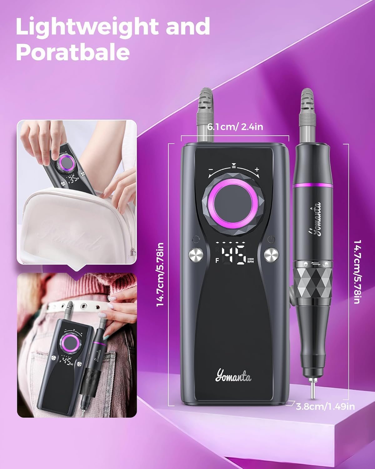 Electric Nail Drill Professional Kit: 45,000 RPM USB Rechargeable Efile Nail Drill Nail File with 12 Bits for Polishing Gel/Acrylic Nails- Portable Manicure Tool Set for Salon/Home-Black