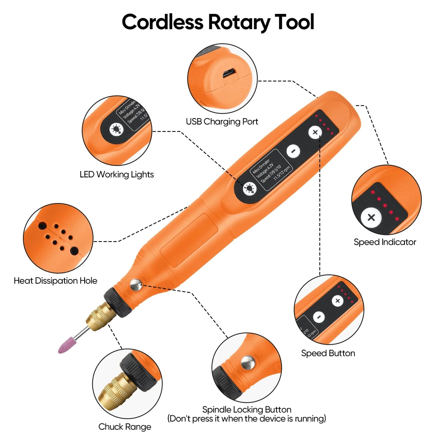 Cordless Rotary Tool Kit 5-Speed Variable and USB Charging Cable Mini Power Rotary Tools, 4.2V with 61 Pcs Accessories for DIY Crafts (Orange)