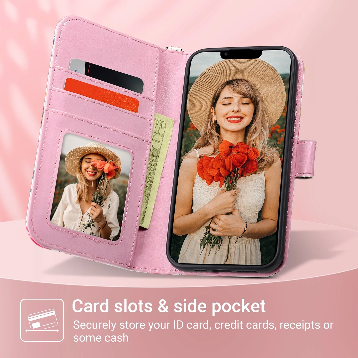 Iphone 13 Pro Wallet Case for Women Girls, Kickstand PU Leather Phone Case with Card Holder for Apple Iphone 13 Pro 6.1 Inch 2021, Wild Flora