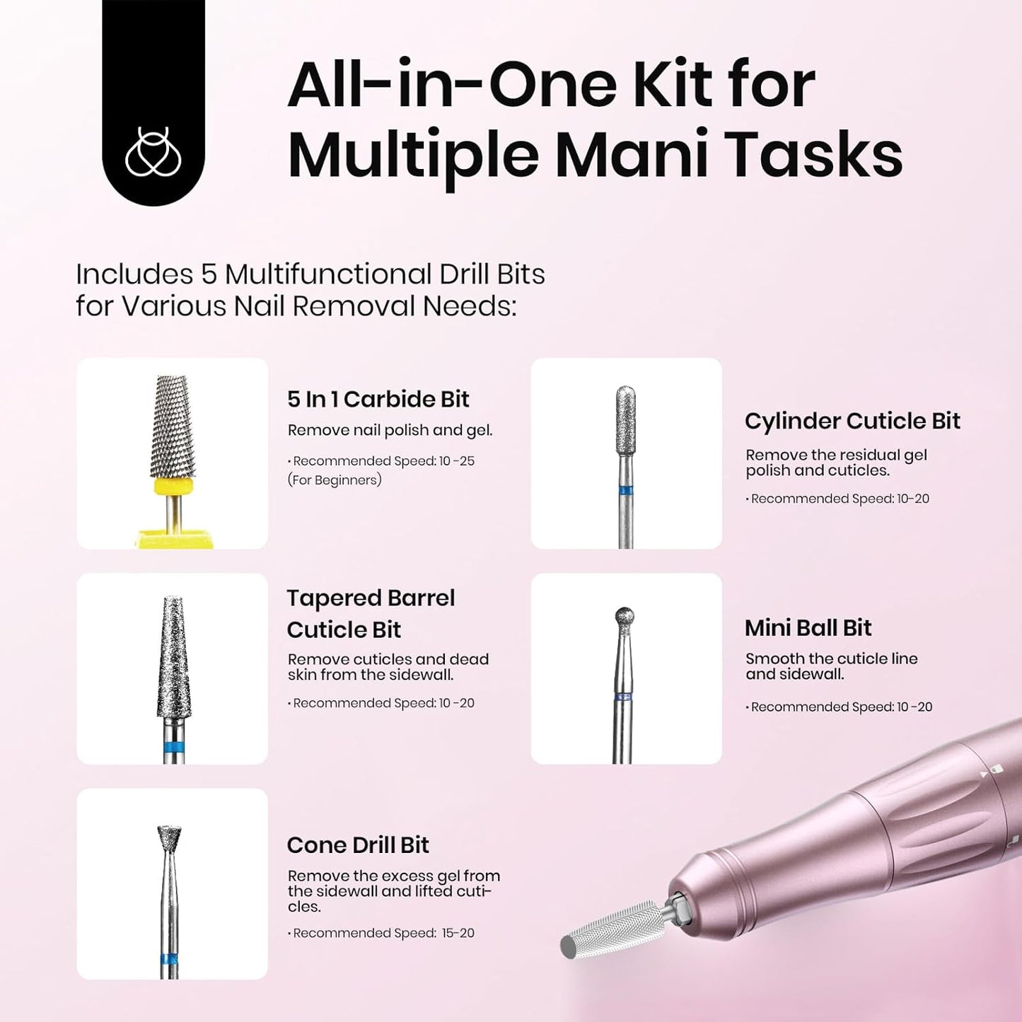 Beetles Electric Nail Drill Cordless, 35 Adjustable Speeds Portable Nail Drill Rose Gold Long Battery Life Polishing Set Professional Nails Machine Kit Manicure Pedicure Tools for Home Salon Use