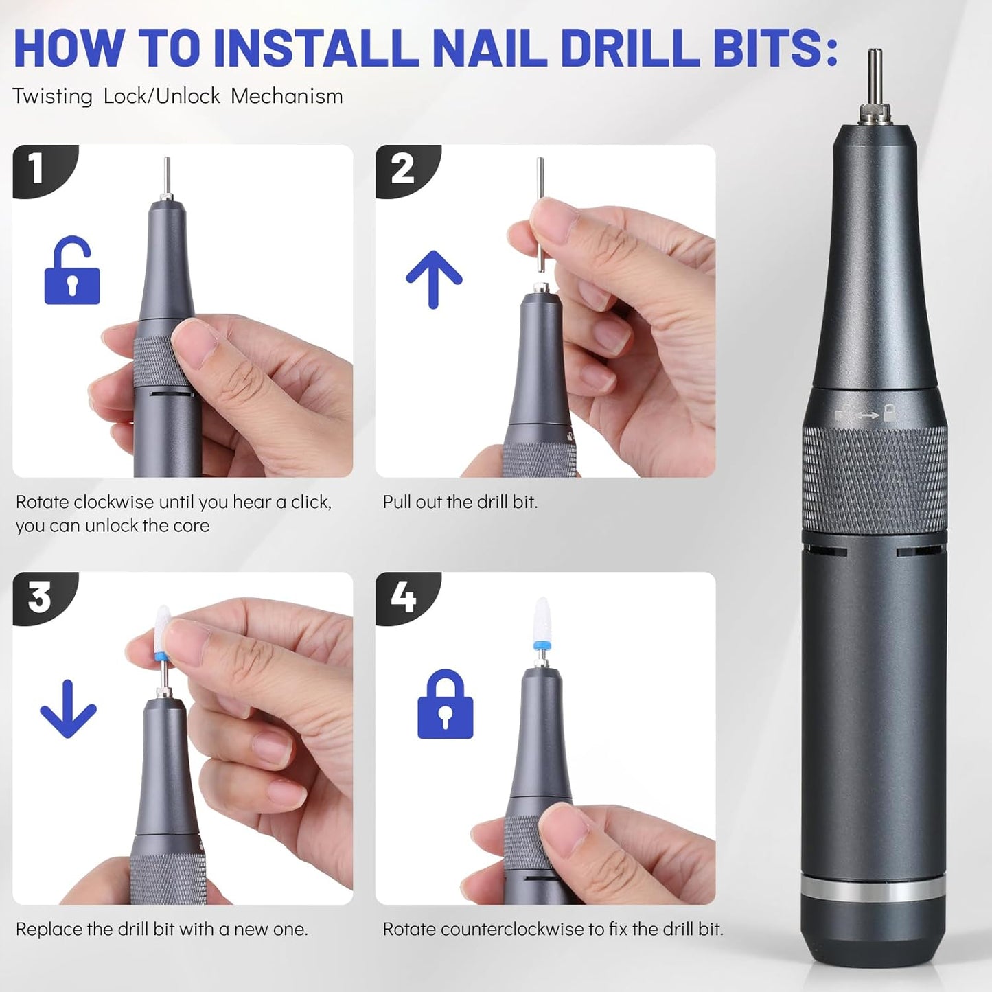 Nail Drill 400000 RPM - Rechargeable Electric Nail File with Nail Drill Bits for Dip Powder Acrylic Nails Gel Polish, Manicure Pedicure Nail Art Tool for Prep&Removal, Nail Tech Must Haves