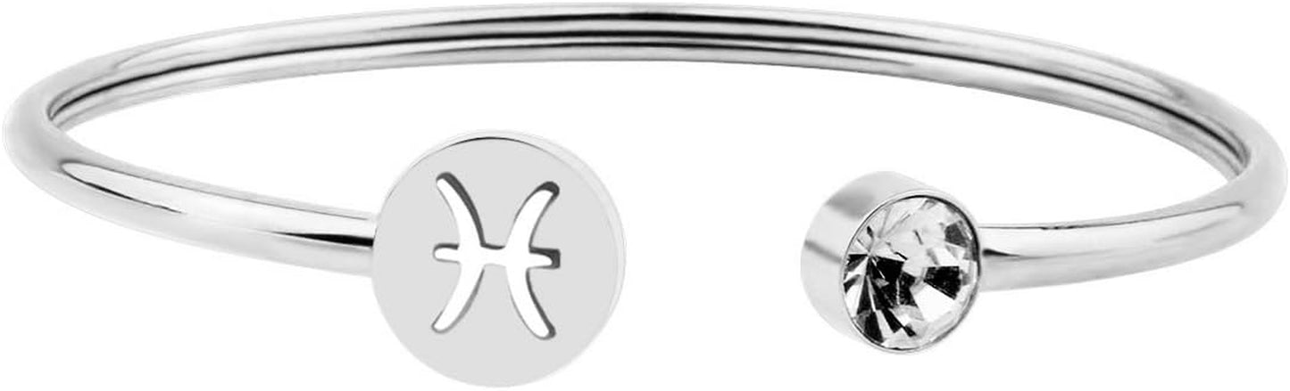 Simple Zodiac Sign Cuff Bracelet with Birthstone Birthday Gift for Women (Pisces)