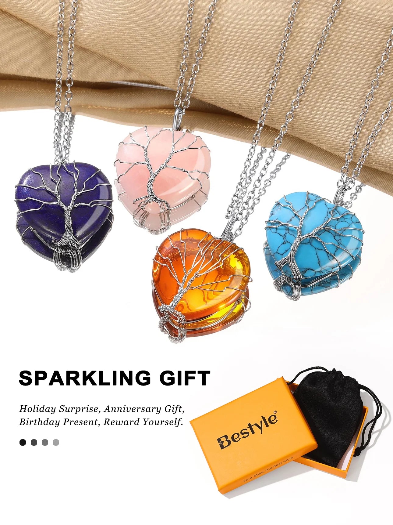 Tree of Life Heart Crystal Necklaces November Birthstone Pendant Synthetic Citrine Gemstones Healing Necklaces for Mother Wife