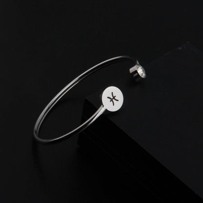 Simple Zodiac Sign Cuff Bracelet with Birthstone Birthday Gift for Women (Pisces)