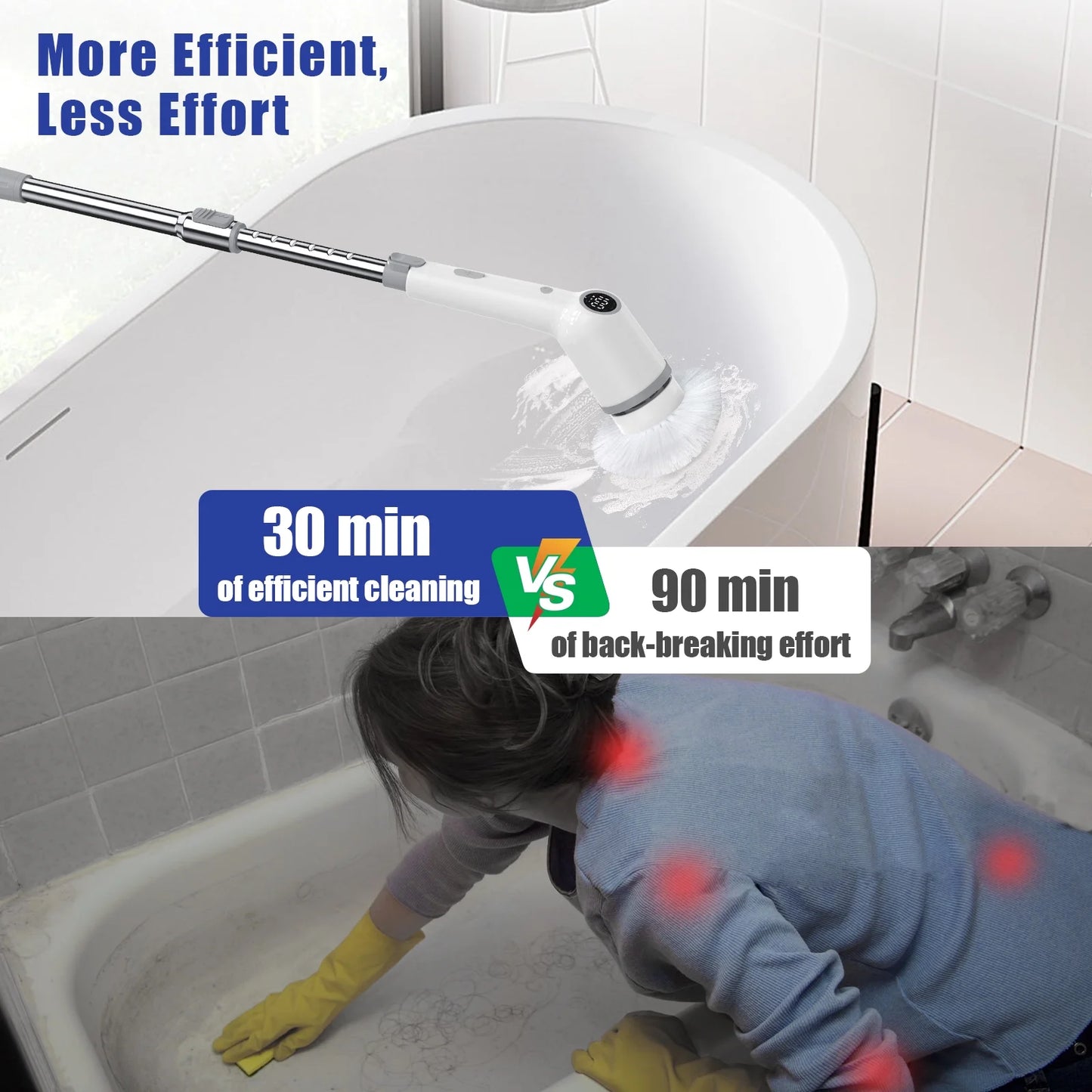 Electric Spin Scrubber, Cordless Shower Scrubber with 8 Scrub Brush, Adjustable Extension Handle, 450RPM Powerful Cleaning Brush for Bathtub Bathroom Kitchen Tub Tile Floor