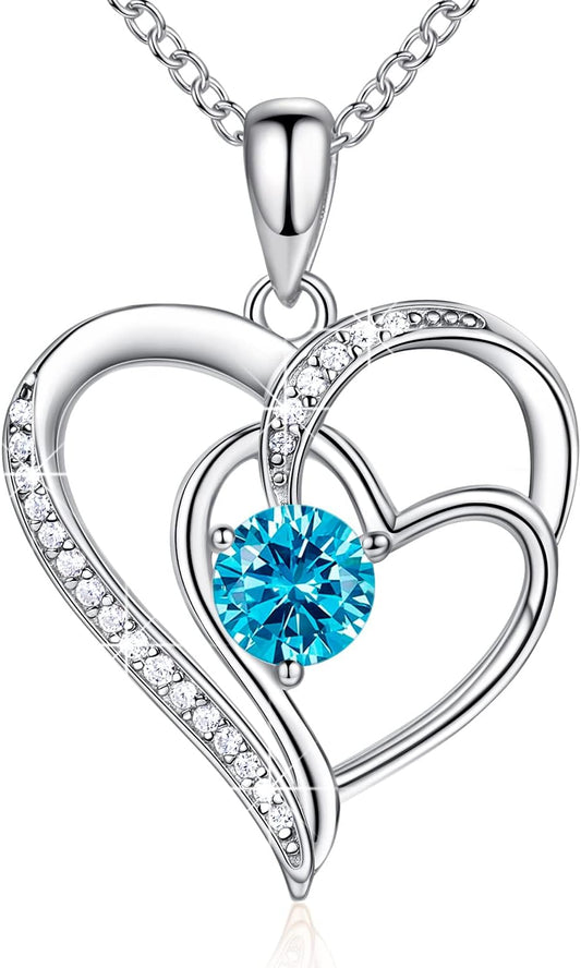 Birthstone Necklace for Women Mom 925 Sterling Silver Heart Necklace Mother Daughter Necklace for Women Mom Birthday Gifts Jewelry for Grandma Women with 5A Cubic Zirconia