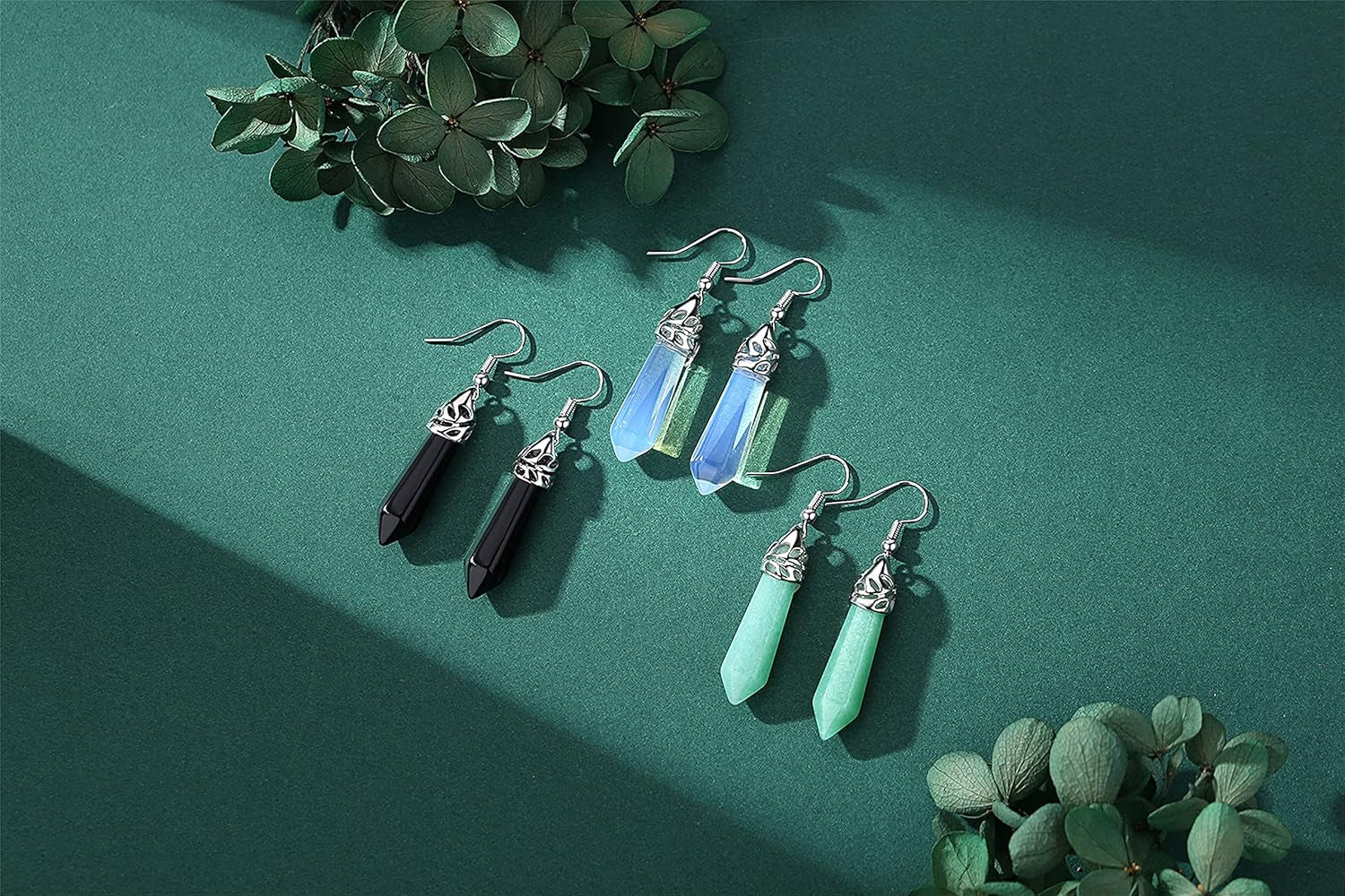 Healing Crystals Earrings Sets for Women Hexagonal Points Real Natural Green Aventurine Obsidian Opal Quartz Dangling Drop Dangle Earrings Spiritual Energy Gemstones Reiki Balancing Crystal